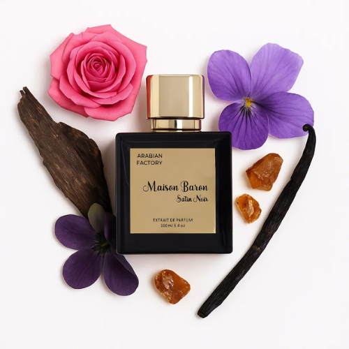 Flacon Maison Baron Satin Noir d’Arabian Factory en mise en scène olfactive