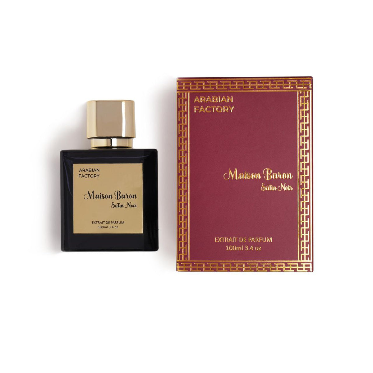 Flacon Maison Baron Satin Noir d’Arabian Factory avec sa boîte