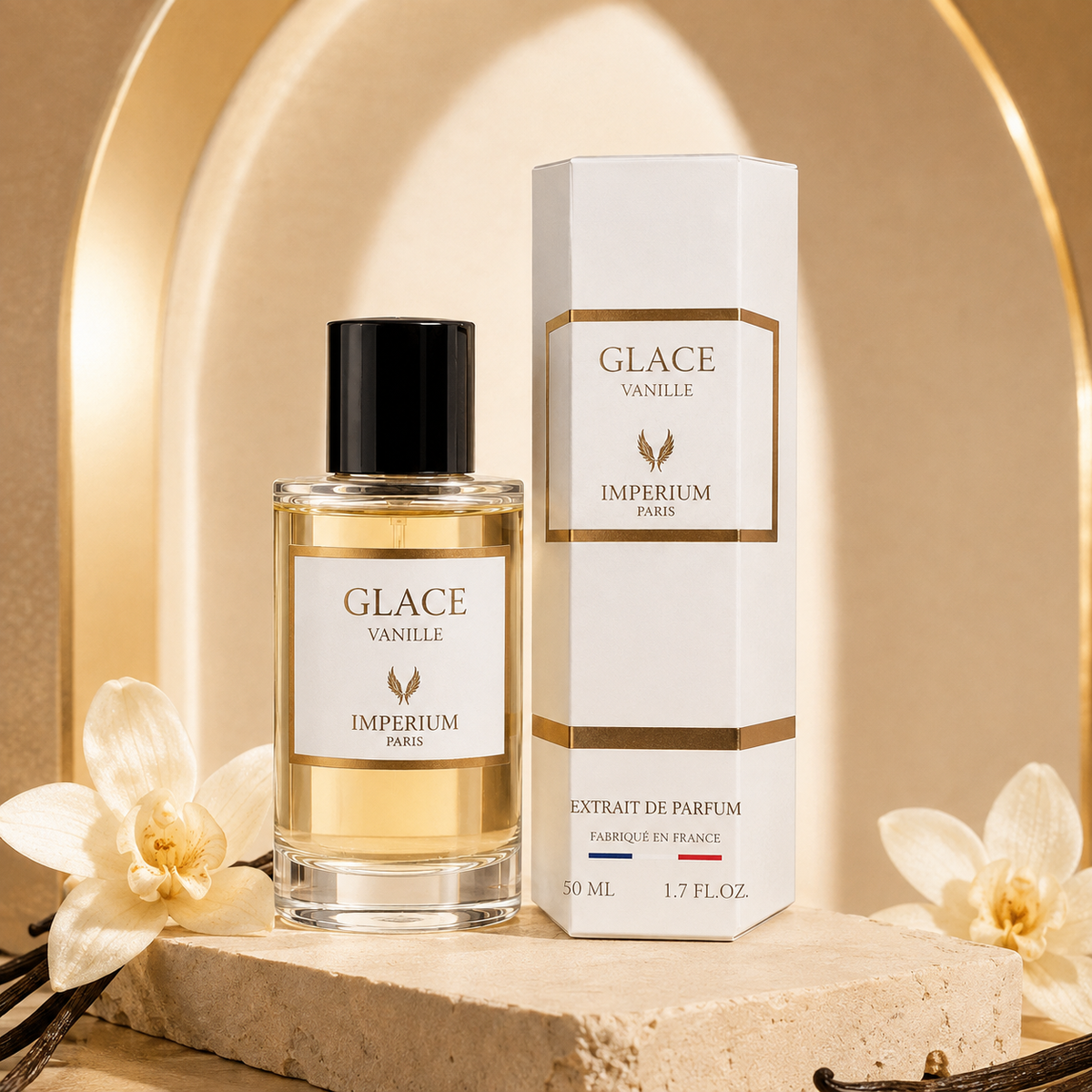 Flacon Glace Vanille d’Imperium Paris avec sa boîte