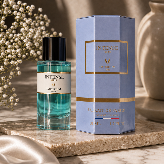 Flacon Intense Gris d’Imperium Paris avec sa boîte