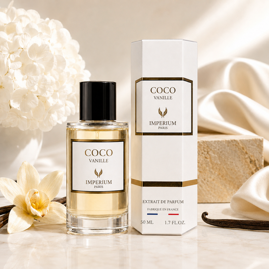 Flacon Coco Vanille d’Imperium Paris avec sa boîte